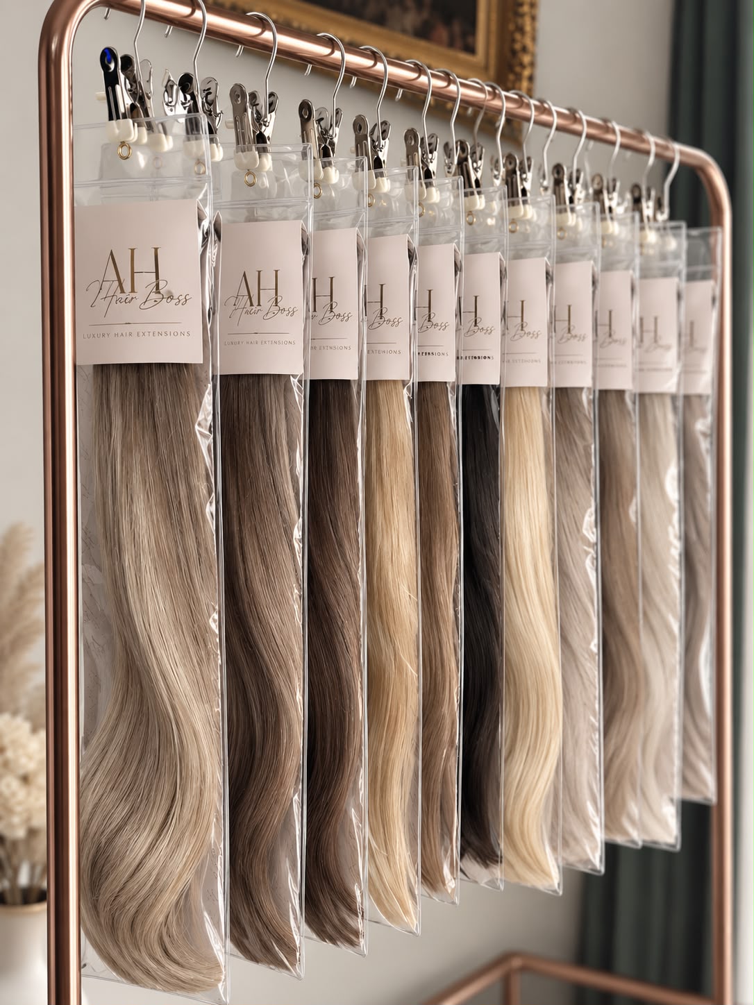AH Hair Boss weft extensions in a range of blonde and brown shades hanging on a rose gold rail