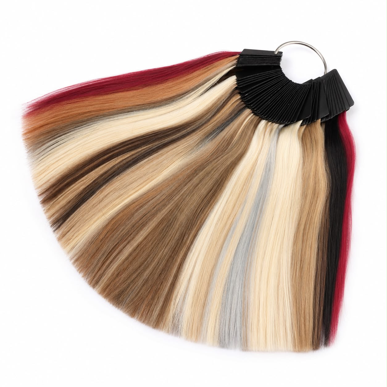 AH Hair Boss colour ring with human hair shade swatches fanned out